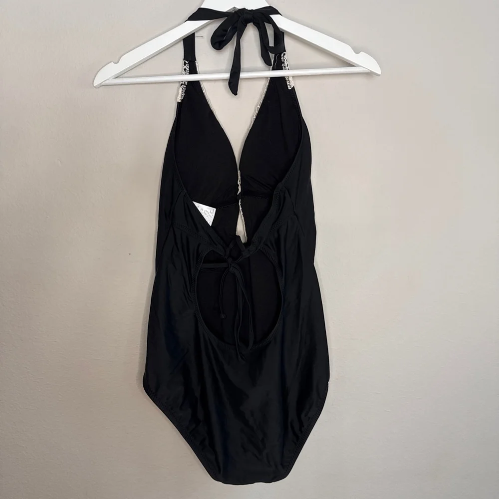 Women's Kona Sol One Piece Swimsuit L Black & Beige Crochet - Picture 4 of 9